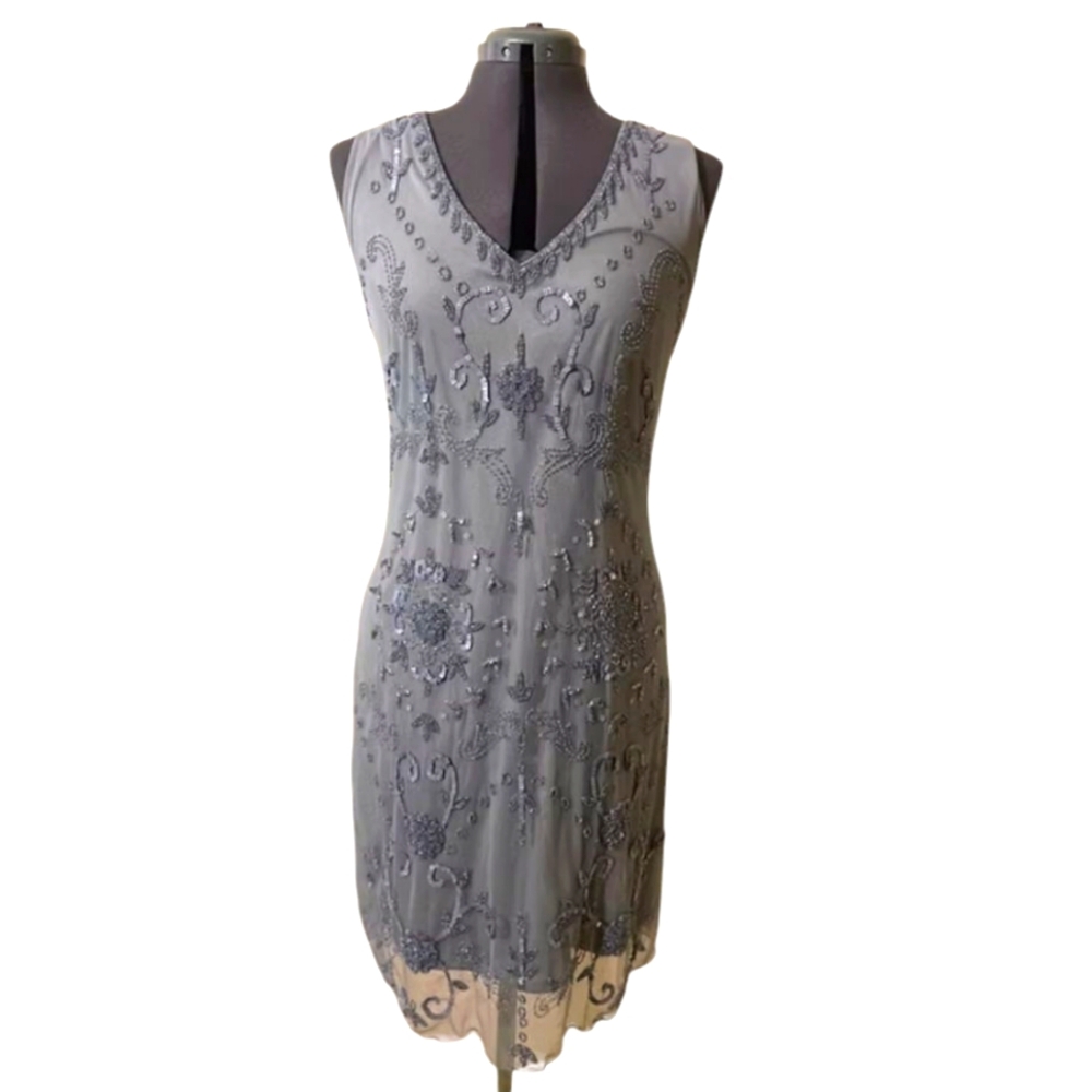 Elegant Gray Beaded Dress Size 14 NWT